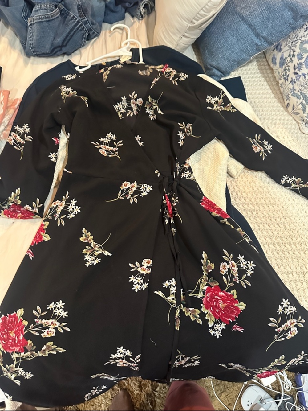 Black Floral Wrap Dress with Red & Cream Blooms